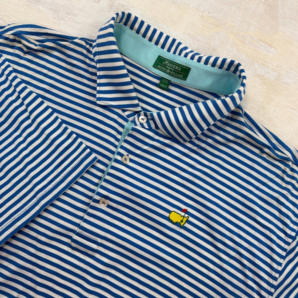 Masters Polo Shirt Peter Millar XXL Striped Embroidered Logo Blue Mens